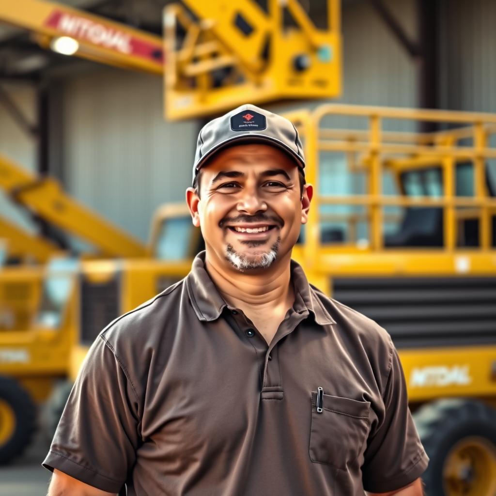 An equipment rental yard owner on the lot with excavators and skid steers staged behind