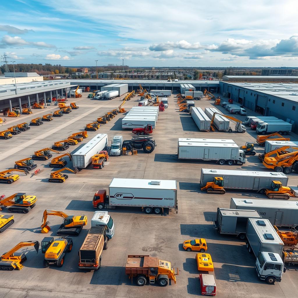 Equipment rental fleet — excavators, skid steers and boom lifts staged at a regional yard — national coverage
